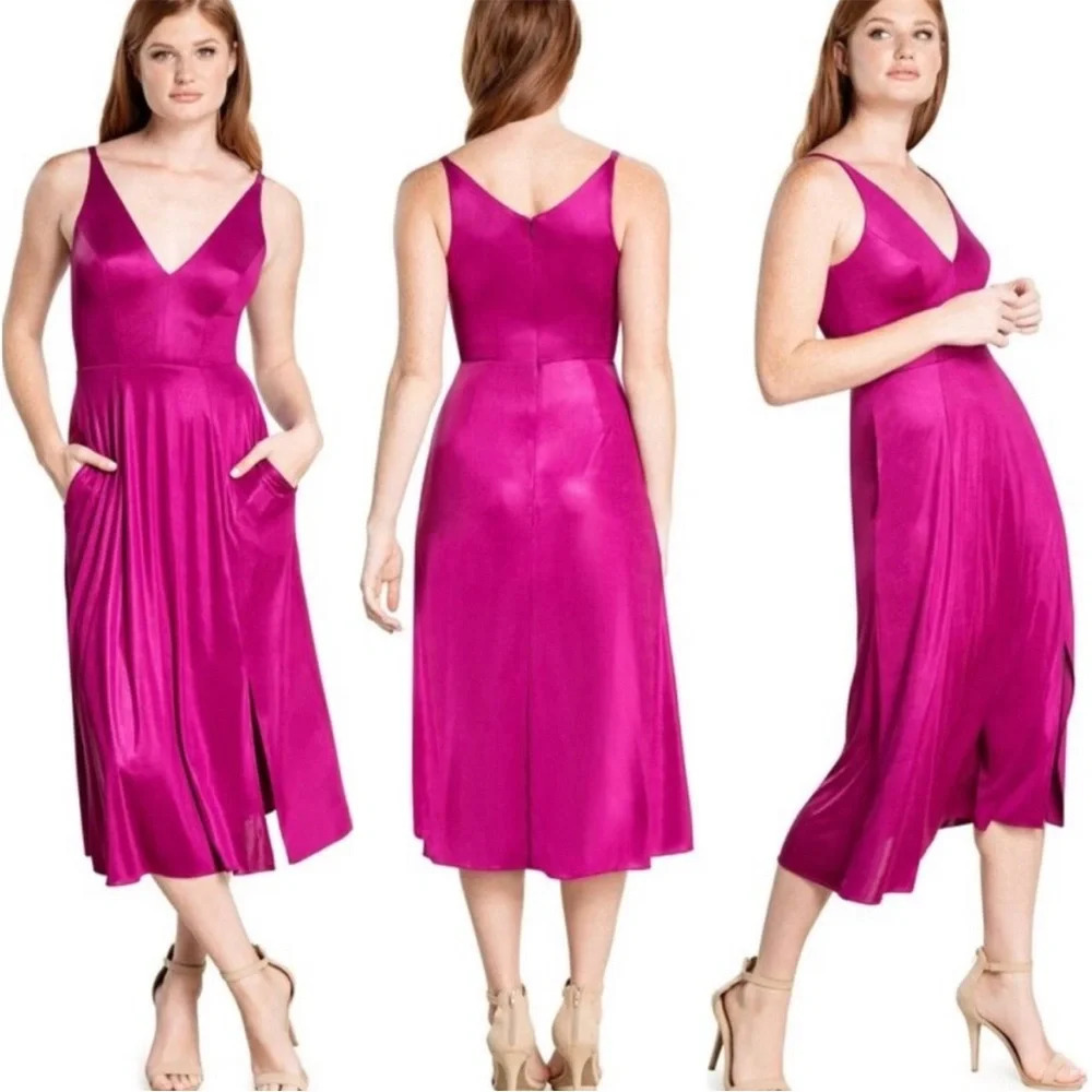 DRESS THE POPULATION Serafina Barbiecore Dark Magenta Fit And Flare Midi Dress